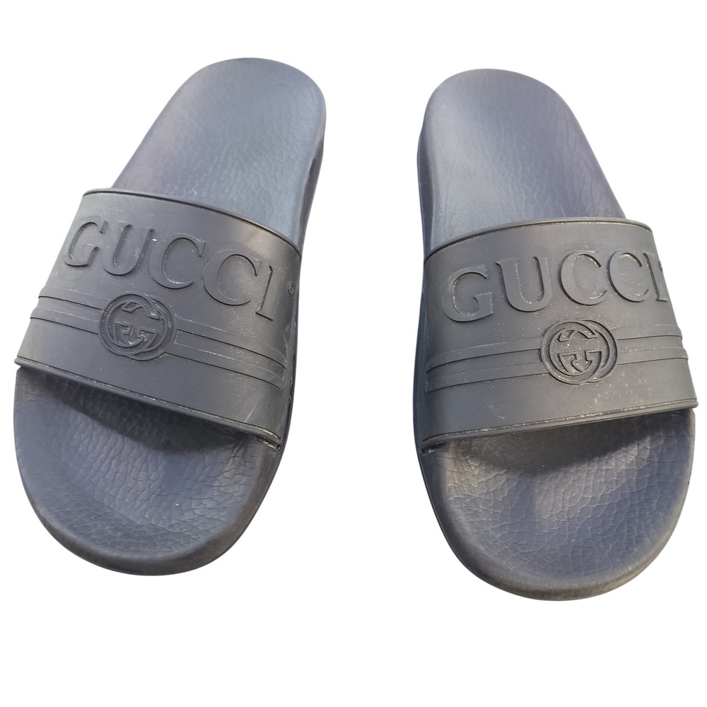 Gucci Rubber Logo Slides Sandals Dark Grey Interlocking G Made in Italy 12
